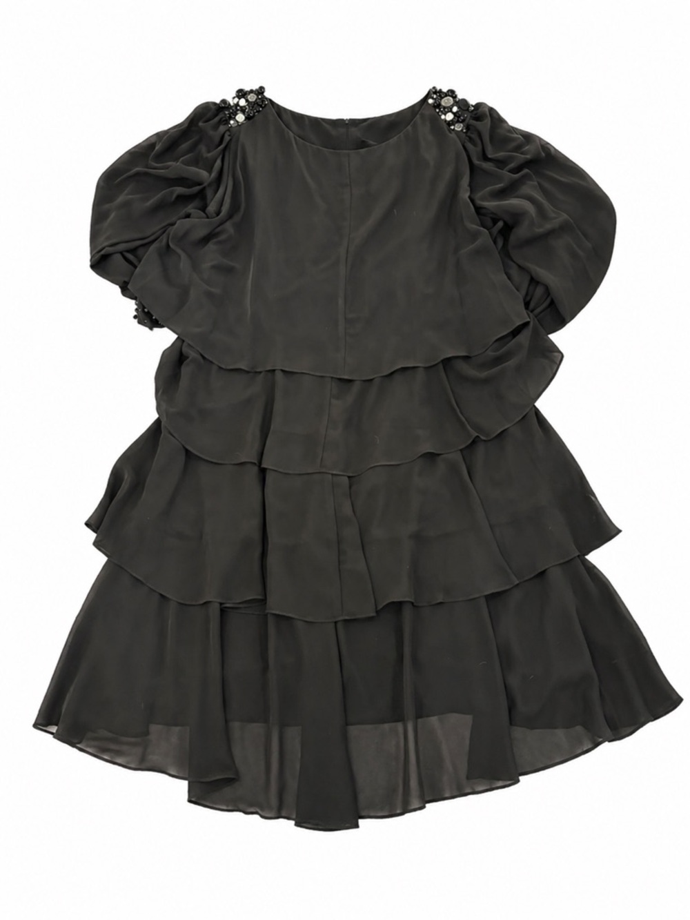 Black Tiered Ruffle LS Dress with Gemstone Accents/Shear Sleeves - Size 14 - Picture 2 of 6